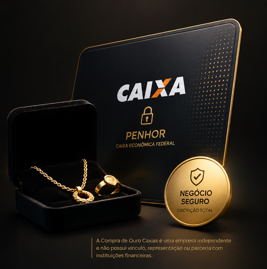Joias de ouro em estojo com selo de negócio seguro e avaliação discreta